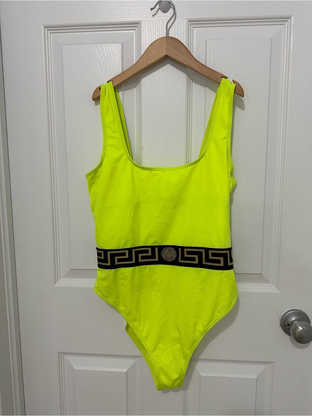 Versace Neon Yellow One-Piece Swimsuit with Black Greek Key Waistband